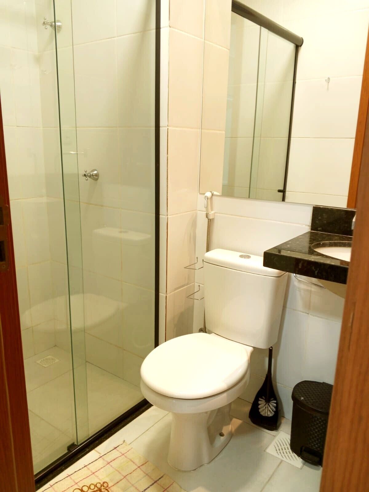 A bathroom with a glass-enclosed shower, a white toilet, and a black trash bin.