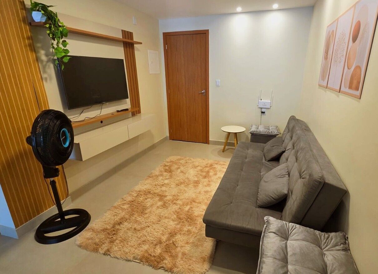 A living room with a flat-screen TV, a grey sofa, a fluffy rug, a standing fan, and a wooden door.
