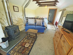 A living room with a blue sofa, a wooden coffee table, a patterned rug, a TV on a wooden cabinet, and a wood-burning stove.