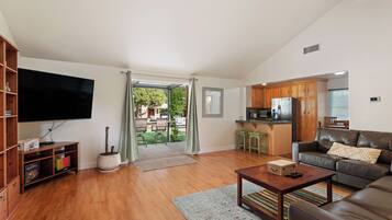 Smart TV, fireplace, books, stereo