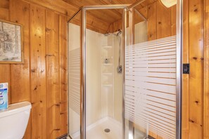 Shower, hair dryer, towels, toilet paper