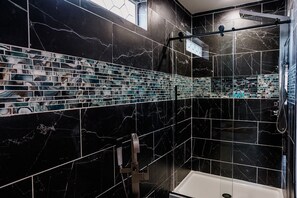 Jetted bath, hair dryer, towels, soap