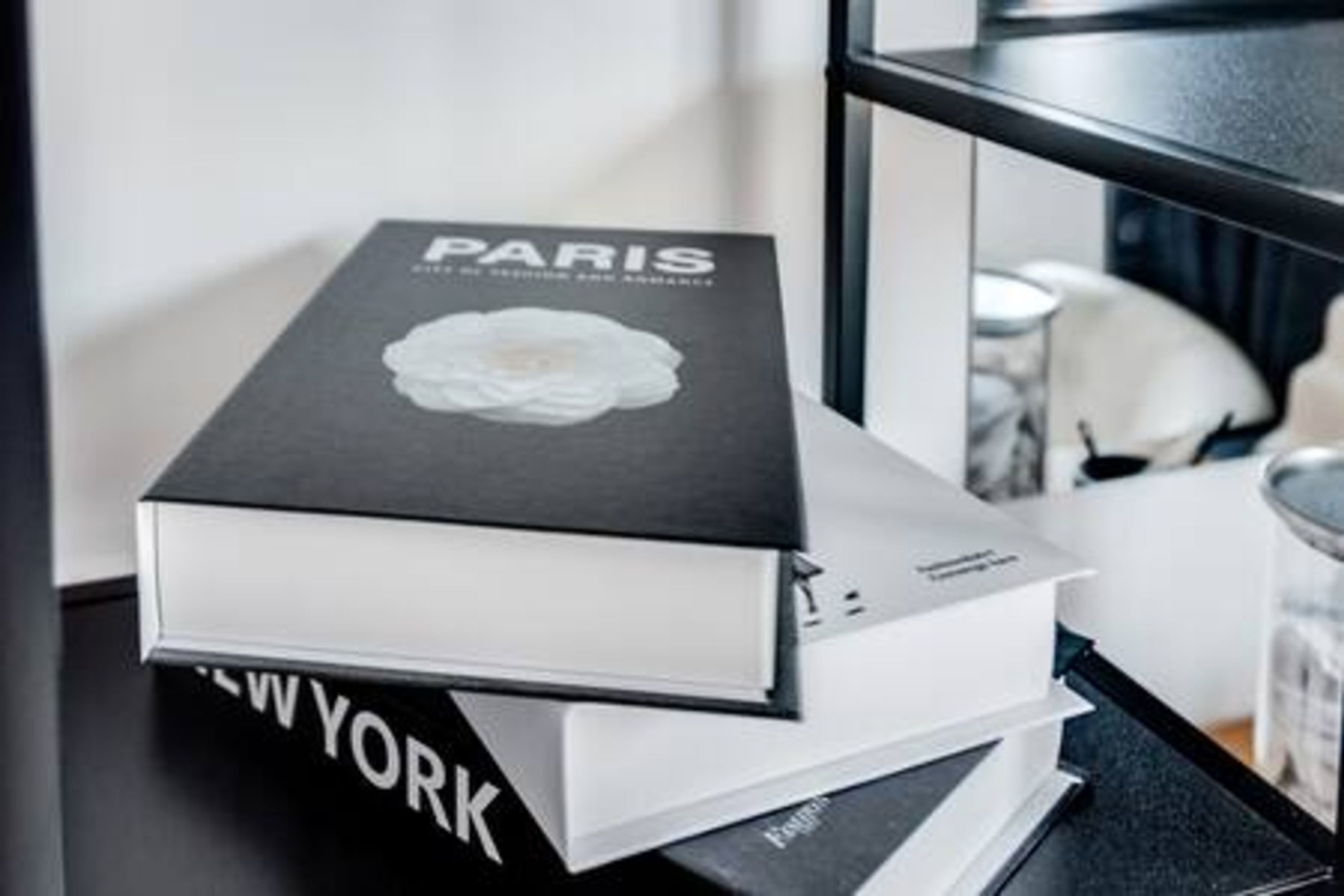 Una pila de libros en una estantería, incluyendo títulos como "PARIS" y "NEW YORK".