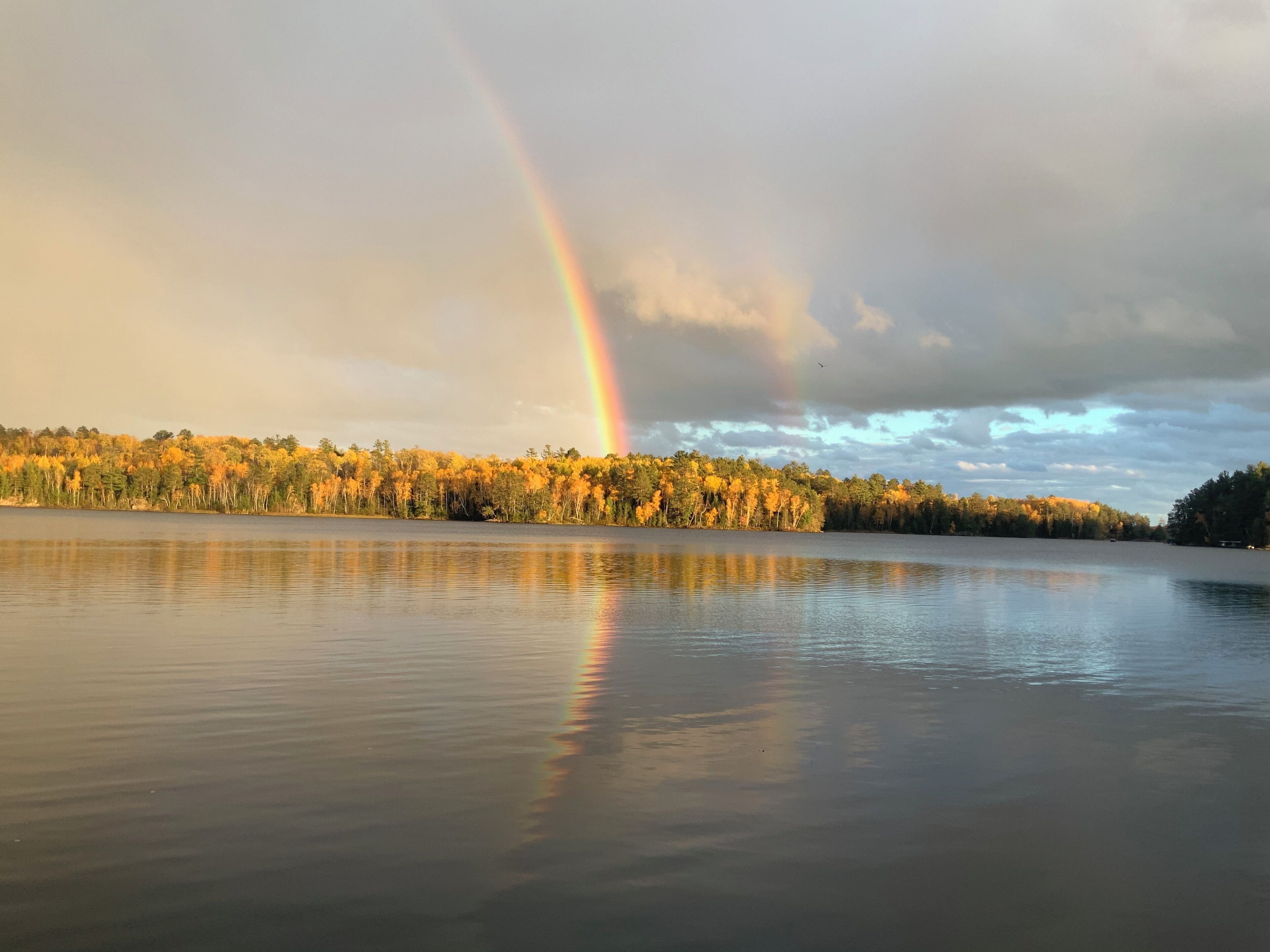 A lake with a rainbow and autumn-colored trees in the background.