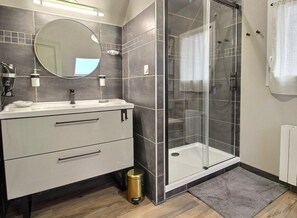 Shower, hair dryer, towels