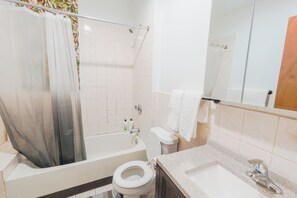 Hair dryer, towels, soap, shampoo