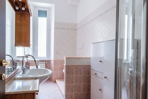 Hair dryer, bidet, towels, soap