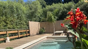 Ein rechteckiger Pool mit Holzterrasse und Steinumrandung.