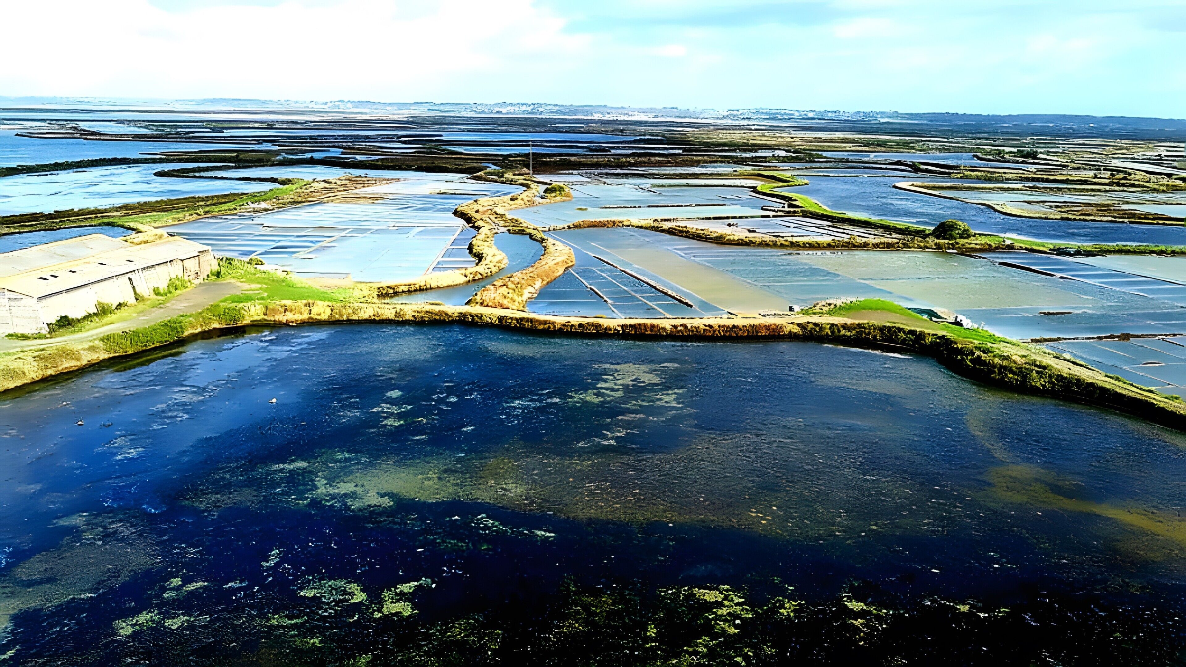 Vista aérea de una zona costera con campos en terrazas y una extensión de agua.