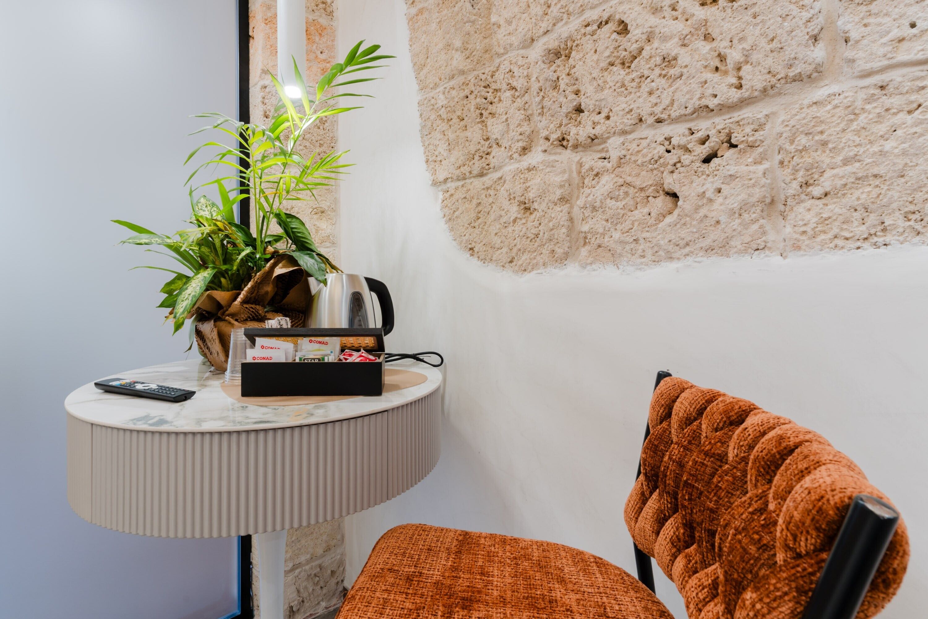Un coin de pièce avec une table ronde, une plante en pot, une télécommande et une chaise dotée d’un coussin texturé.