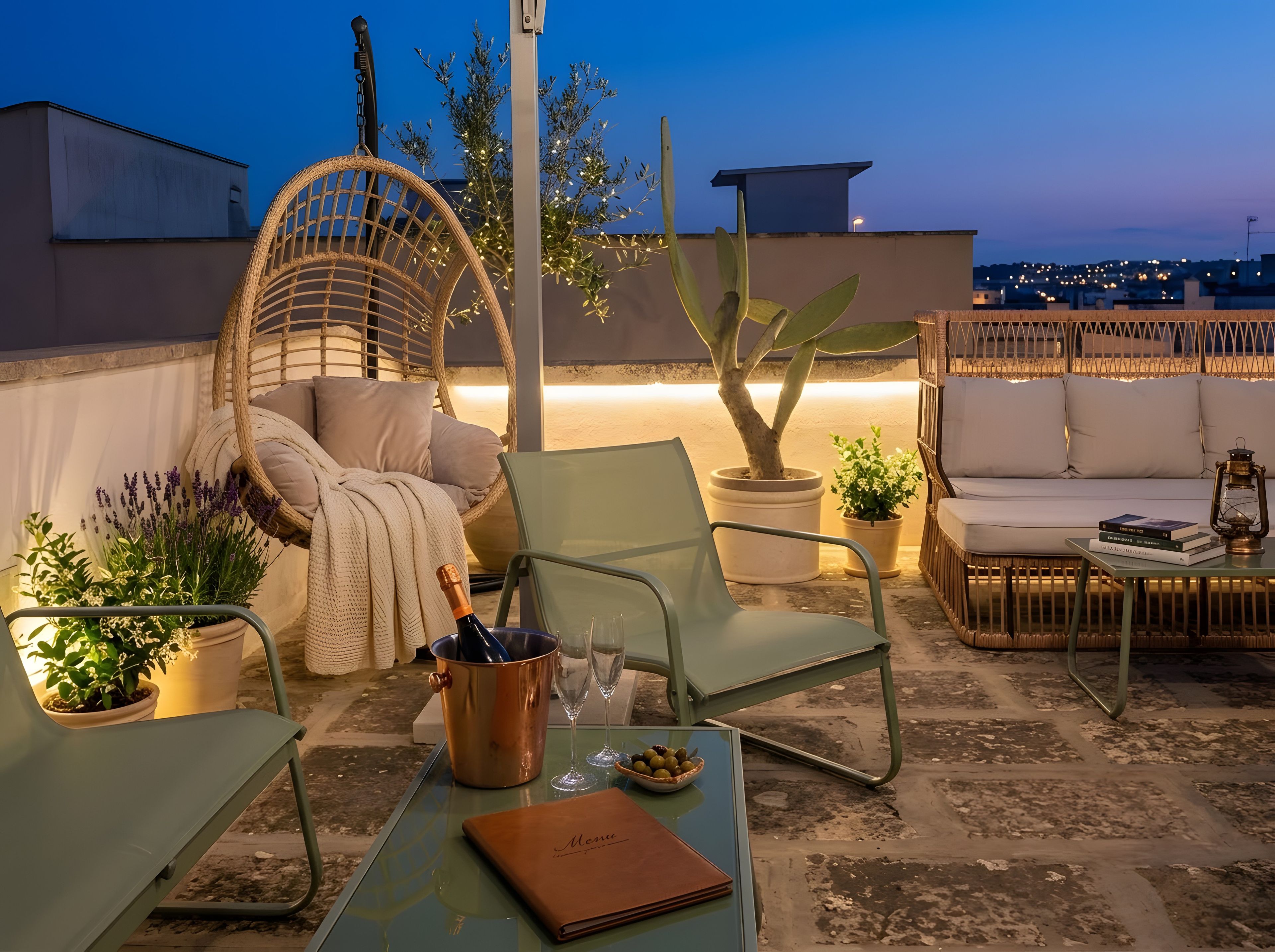 Terraço no telhado com cadeira suspensa, sofá acolchoado, mesa de jantar com cardápio e plantas em vasos.