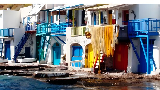 Un bâtiment situé sur la côte, doté de balcons bleus, d’un escalier et d’un petit bateau.