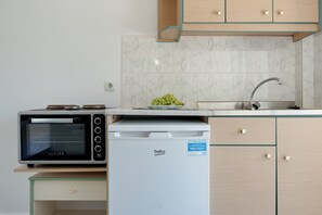 Una kitchenette equipada con microondas, un refrigerador pequeño, un lavamanos y un armario.