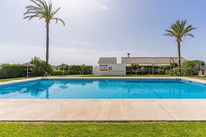 A swimming pool with a clear blue water, surrounded by a well-maintained lawn and palm trees.