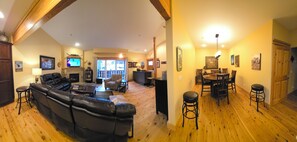 Smart TV, fireplace, DVD player, books