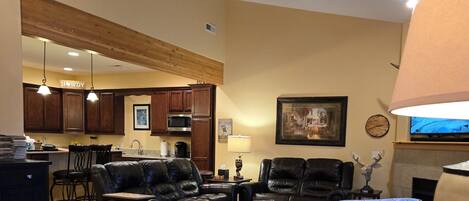 TV connectée, cheminée, lecteur de DVD, livres