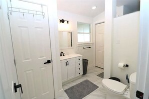 Hair dryer, towels, soap, toilet paper