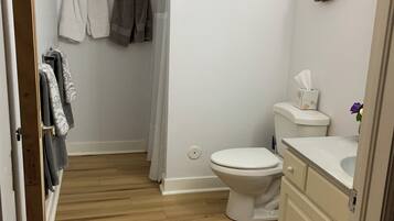 Hair dryer, towels, soap, shampoo