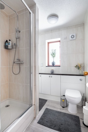 Shower, hair dryer, towels, soap
