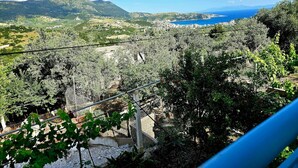 Una vista panorámica de un paisaje montañoso con cielo azul despejado, vegetación exuberante y una masa de agua distante.