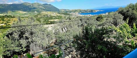 A scenic view of a mountainous landscape with a clear blue sky, lush greenery, and a distant body of water.