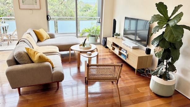 Ein Wohnzimmer mit einer Couch, einem Couchtisch, einem Fernseher und einer großen Pflanze.