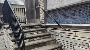 A set of stone steps leading to a building entrance with a metal railing. - Spacious 3-bedroom apartment in charming Philadelphia with AC, WiFi (Philadelphia)