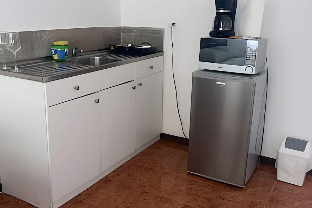 Una cocina compacta con un refrigerador de acero inoxidable, un microondas y una cafetera en la encimera.