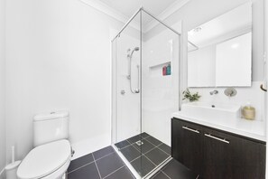 Hair dryer, towels, soap, toilet paper