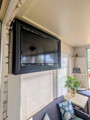 A room with a mounted flat-screen TV, a window with blinds, a small table with a plant, and a cushion on a chair.