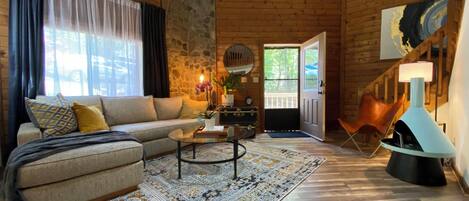 Smart TV, fireplace, books