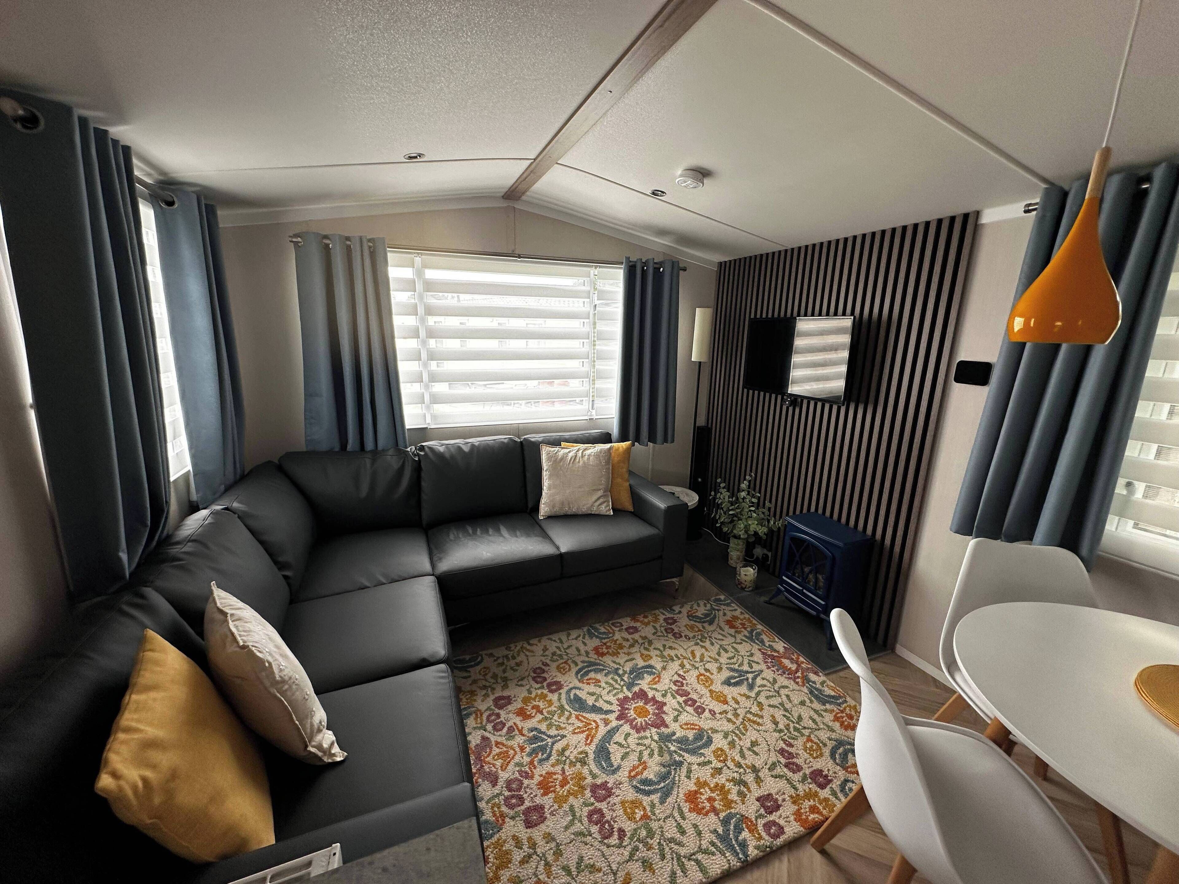 Télévision, cheminée, chaîne hi-fi