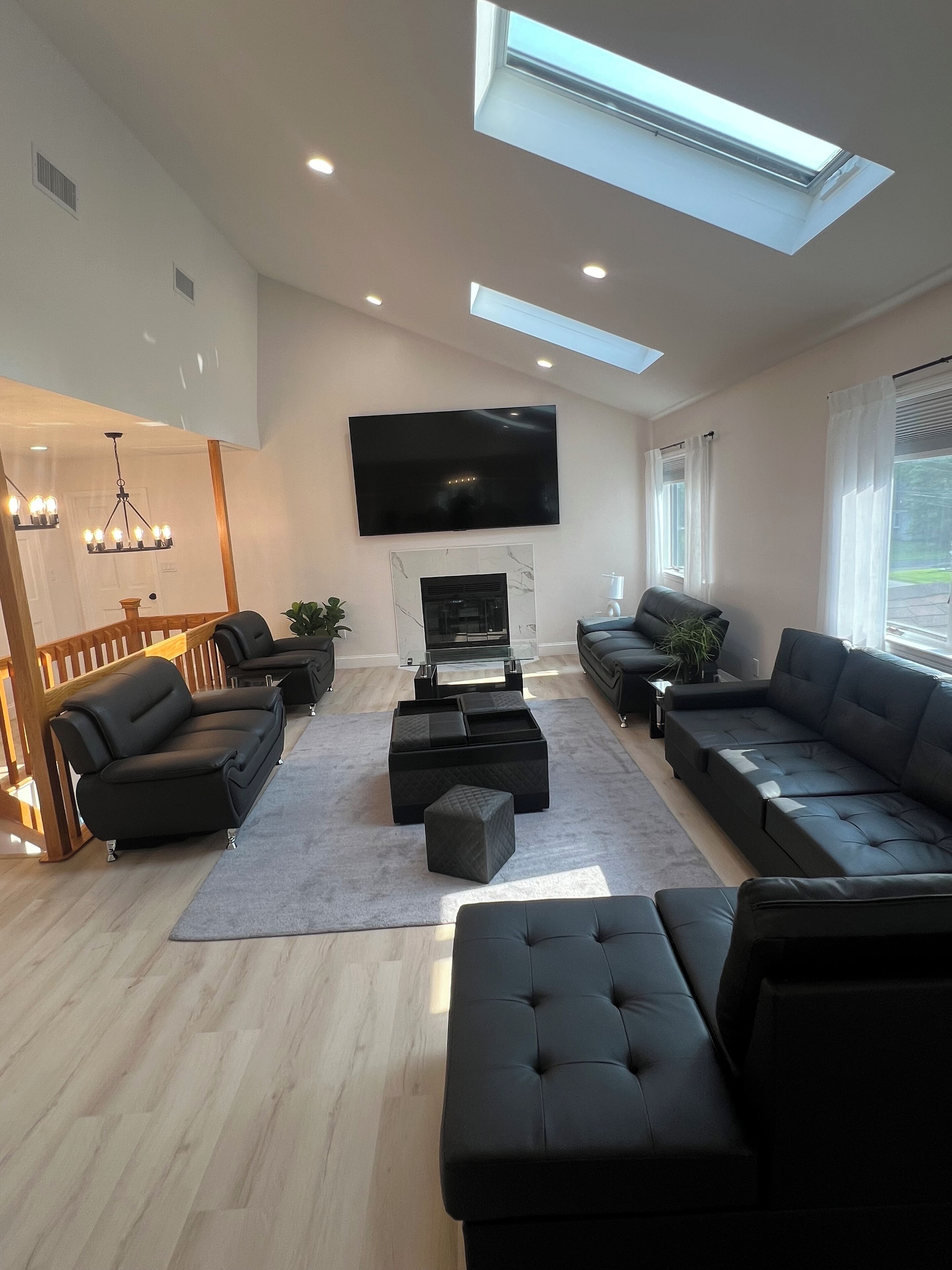 Smart TV, fireplace, books