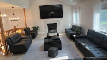 Smart TV, fireplace, books