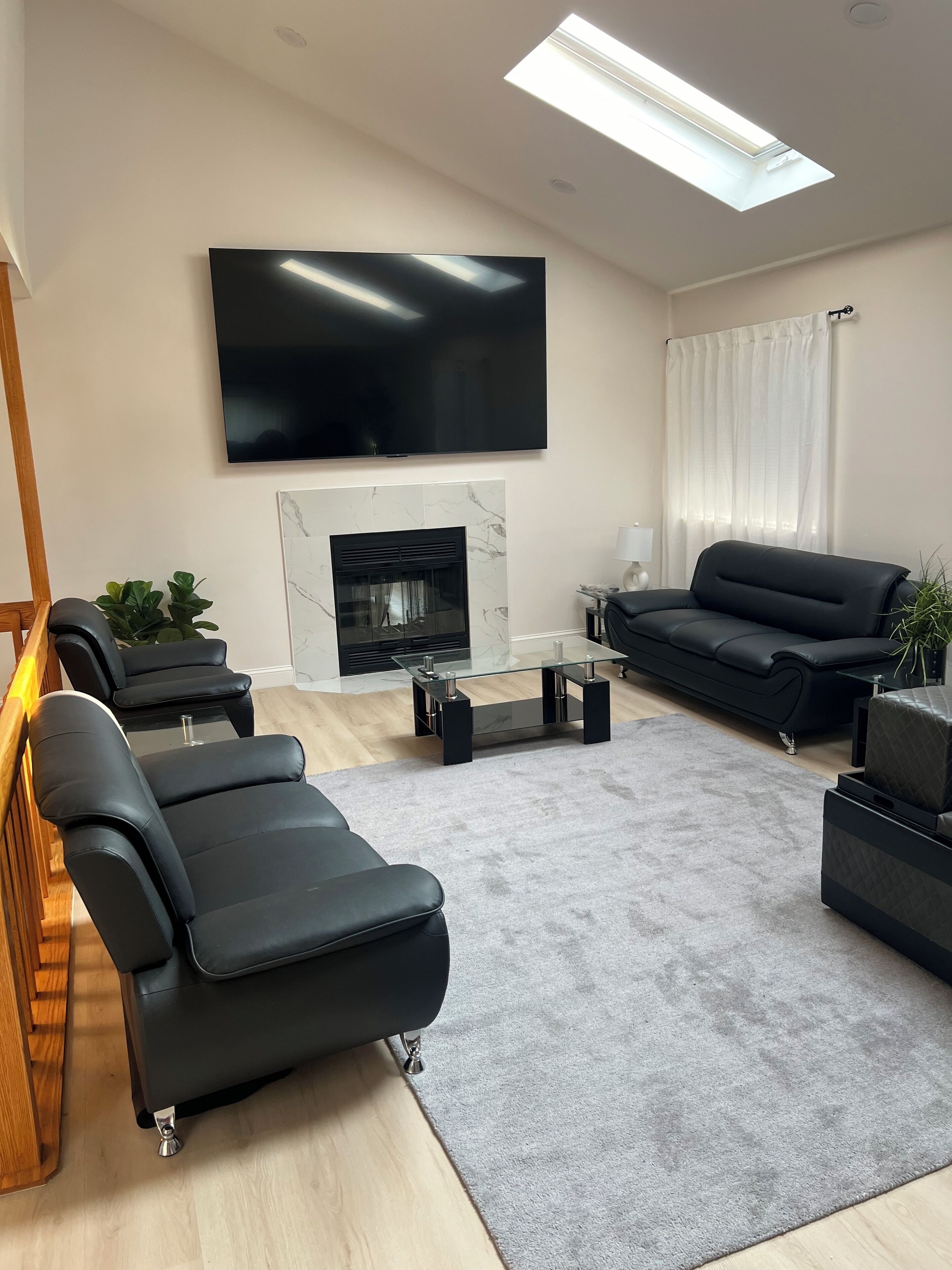 Smart TV, fireplace, books