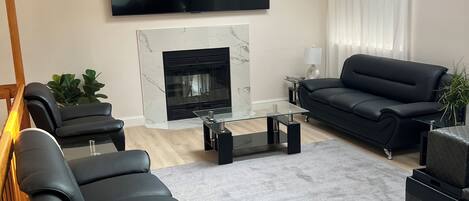 Smart TV, fireplace, books