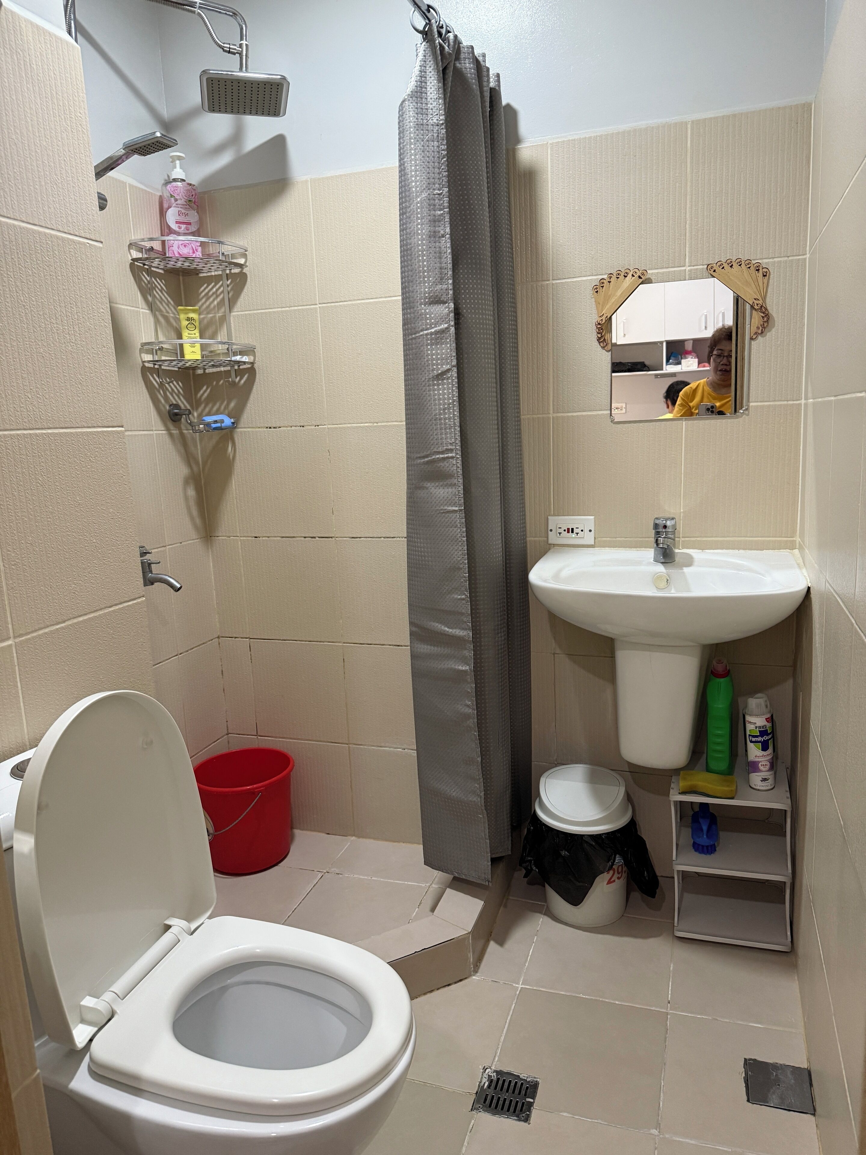 Une petite salle de bain comprenant des toilettes, un lavabo, une douche et un miroir.