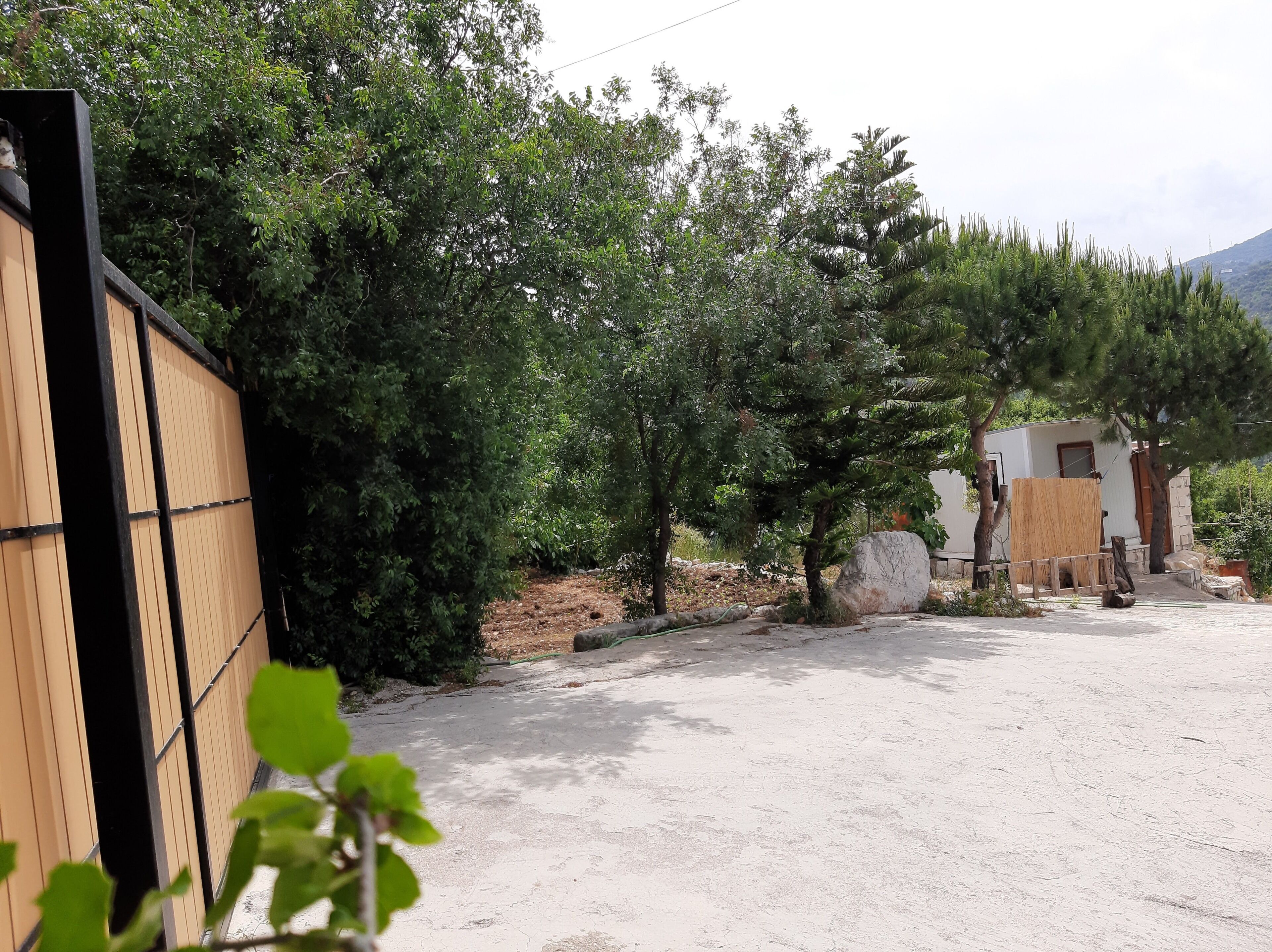 Un área pavimentada con valla de madera, árboles y un pequeño edificio de fachada blanca.