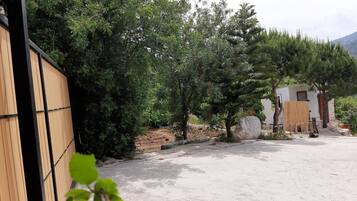 Un área pavimentada con valla de madera, árboles y un pequeño edificio de fachada blanca.