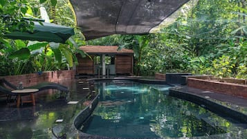 A pool area with a small building, lounge chairs, and surrounding greenery.