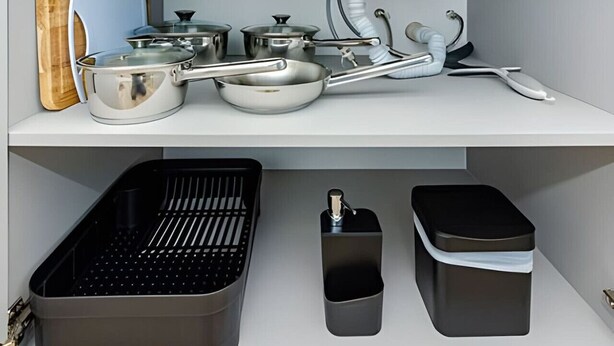 A kitchen with stainless steel cookware, a griddle, a black trash bin, and a black container. - 1Q Moderno ao lado da praça 29 de marco, perfeito. (Curitiba)