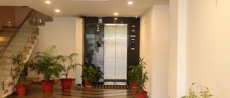 Un ascensor moderno con puerta de vidrio, rodeado de plantas en macetas, y una escalera a la izquierda.