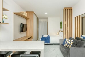 1 bedroom, desk, iron/ironing board, travel cot