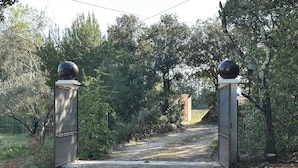 A gravel path leading through a gated area with metal gates topped with spherical objects. - Cotignac en famille - the perfect setting for your vacation (Cotignac)