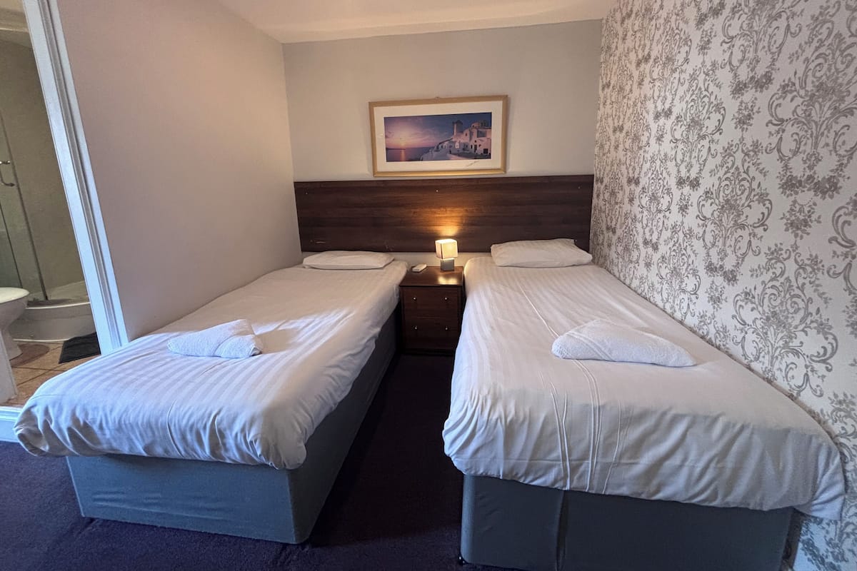 A hotel room with two single beds, a nightstand with a lamp, a framed picture on the wall, and a patterned wallpaper on one wall.
