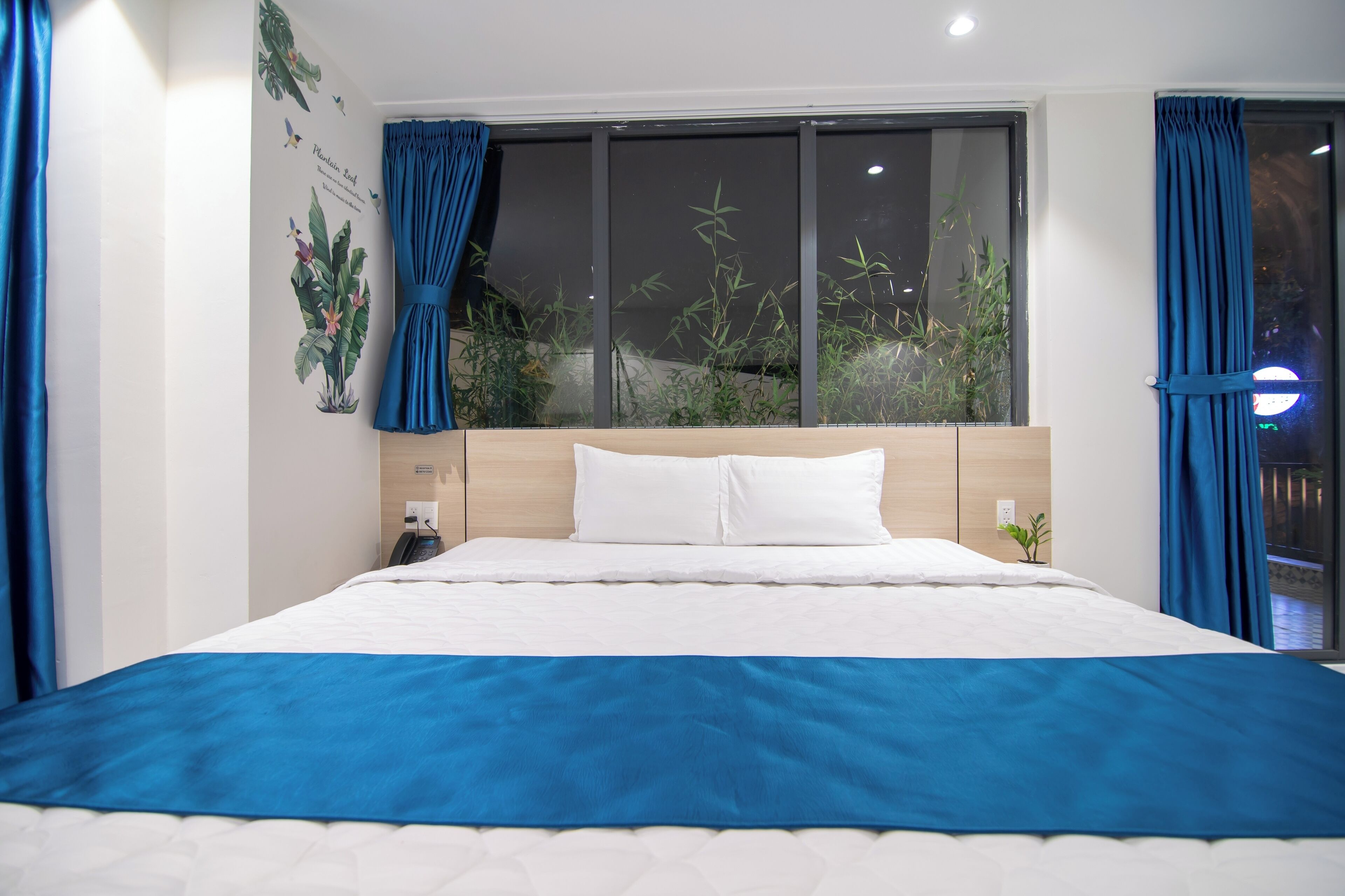 A hotel room with a large bed, a window with a view of bamboo outside, and blue curtains.