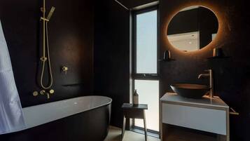 Shower, hair dryer, shampoo