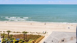 A beach view with a wooden deck and palm trees.