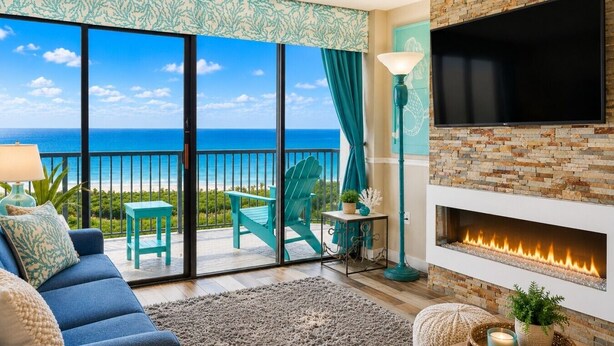 A balcony with a view of the ocean, a sofa, chairs, a TV, and a fireplace.