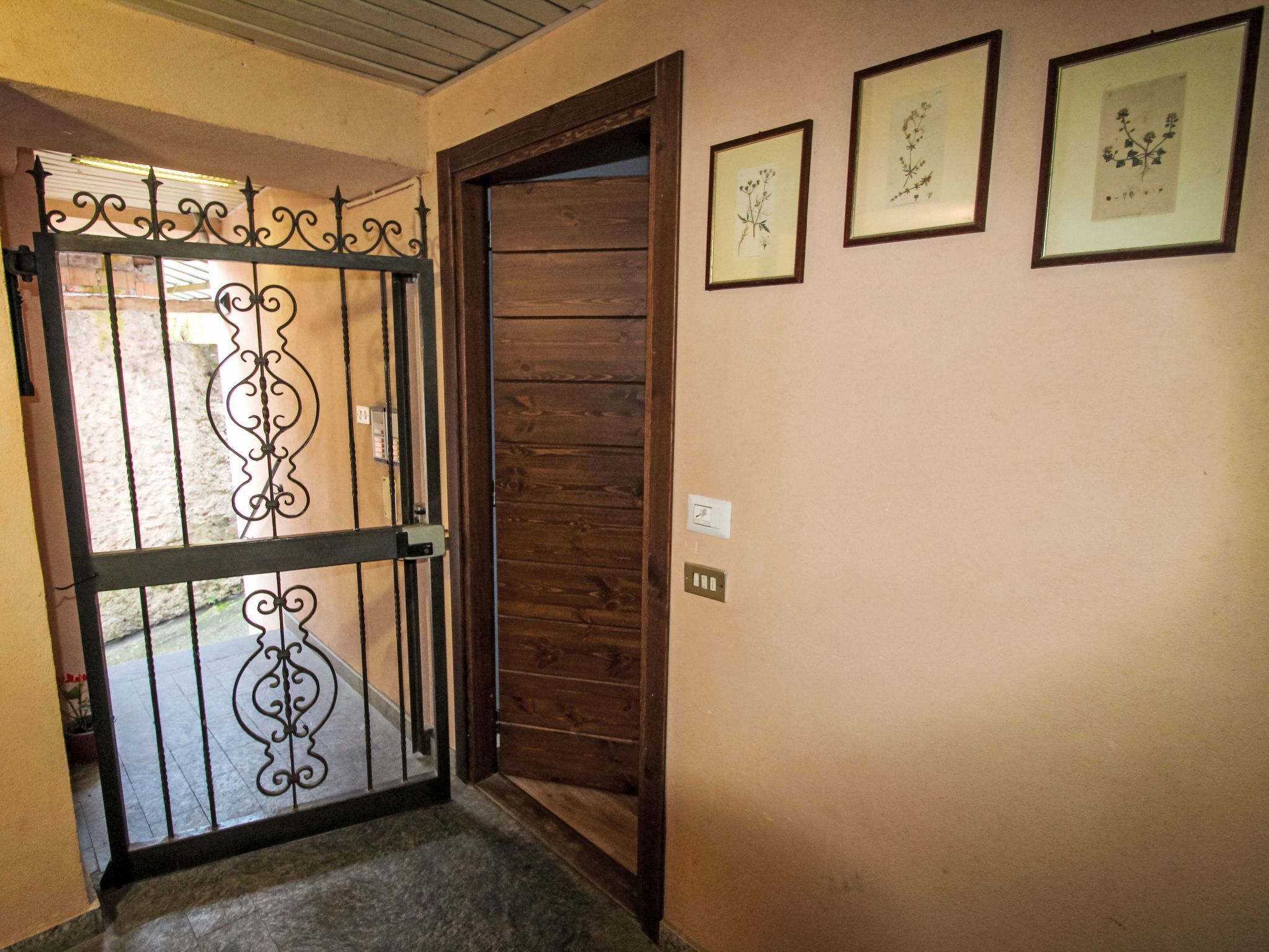 Una puerta de madera con una reja metálica, una pared con ilustraciones botánicas enmarcadas y un interruptor de luz.